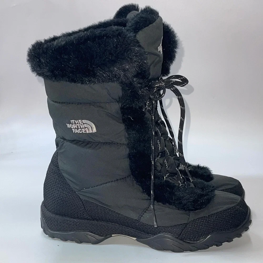 The North Face Nuptse Purna Womens 6.5 Goose Down Black Faux Fur Winter‎ Boots